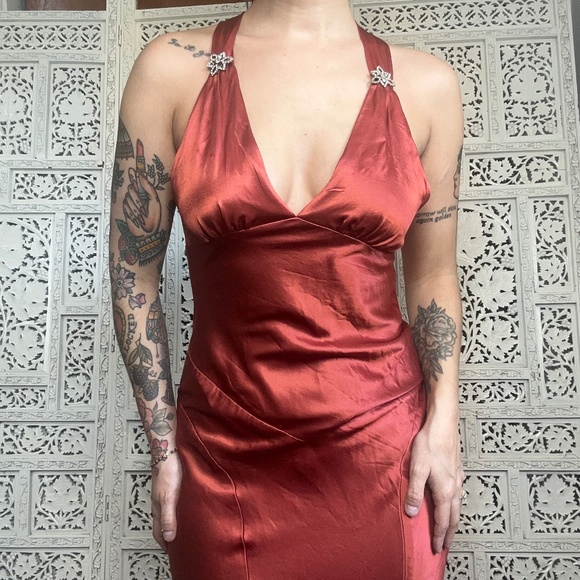 Kiki USA Y2K Style Burnt Orange Satin V Neck Mermaid Formal Prom Dress Sz Small - Picture 1 of 10